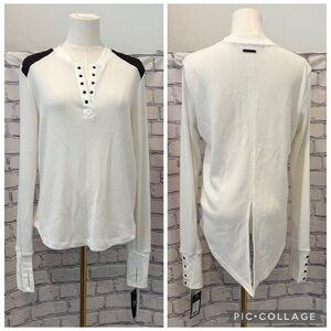 Blank Noir :M Women’s White Waffle Henley Top with Black Shoulder Accents